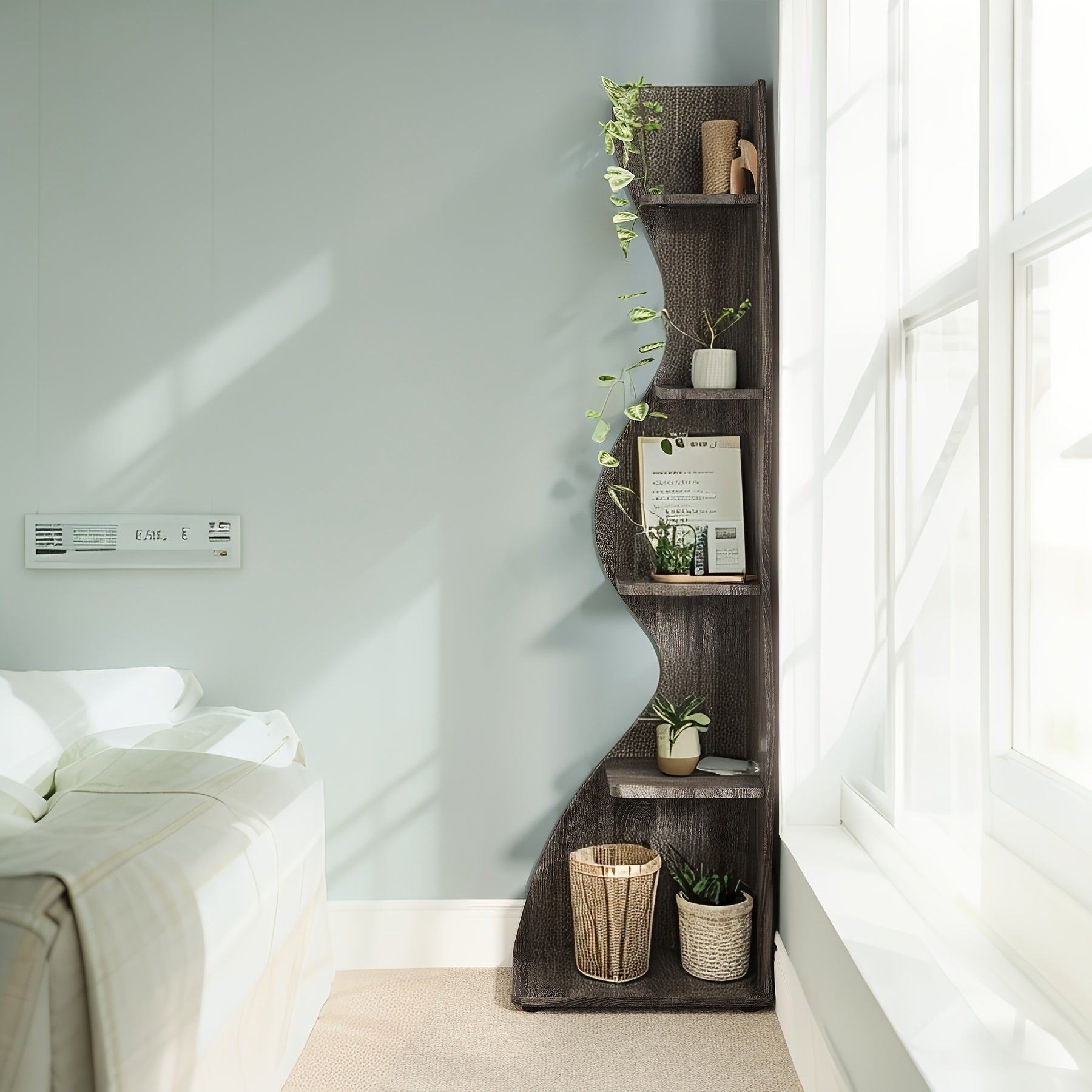 Corner Shelf, Modern 5-Tier Wall Corner Bookshelf, Stylish Corner Small Bookcase Storage Rack Plant Stand with Unique Shape for Living Room, Home Office, Ladder Racks, Storage and Organization