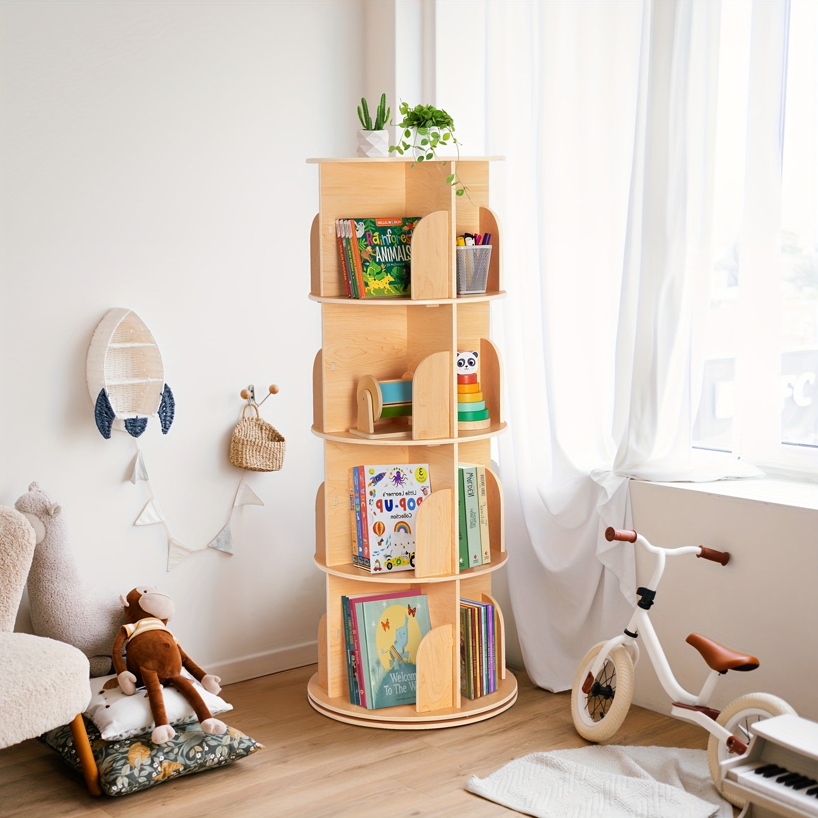 Kids Rotating Bookshelf Tower,  Corner Bookshelf for  Space, 360 Display Floor Standing Bookshelf Storage Rack, Large Chassis Spinning Bookshelf for Kids Room, Nursery