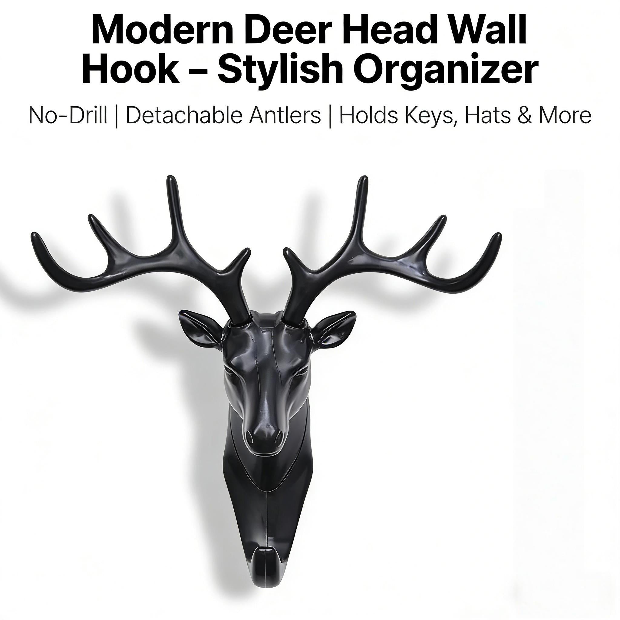 Deer Head Wall Decoration Self-Adhesive Antler Mounting Kit, Industrial Style Steel Deer Head Hook, Decorative Animal Wall Key Holder, Suitable for Home or Office, Multi-Functional Hook