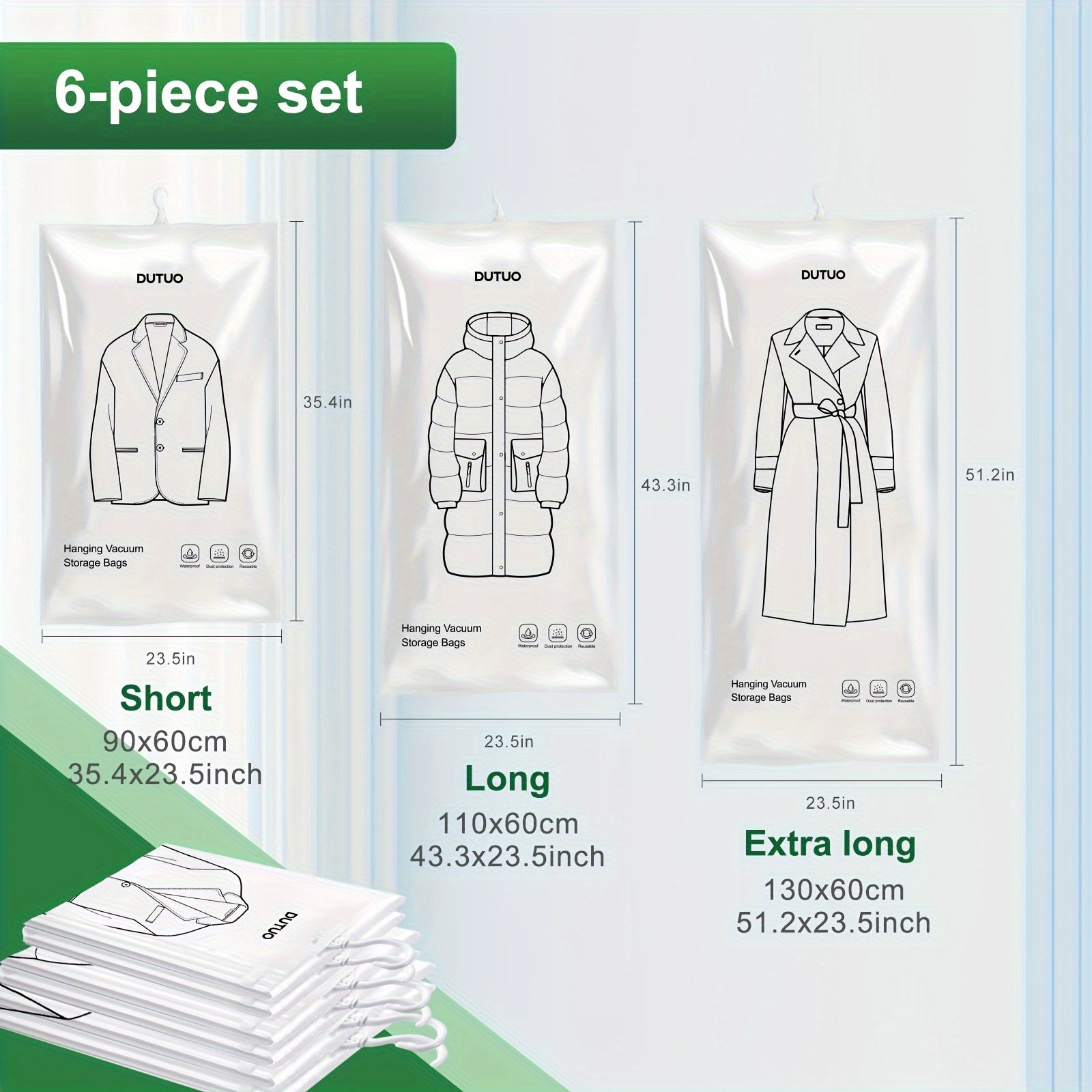 Set of 6 Hanging Vacuum Storage Bags, Designed to Save Closet Space, Extra Durable And Long, Ideal for Storing Suits, Dresses, And More, Comes with a Hook