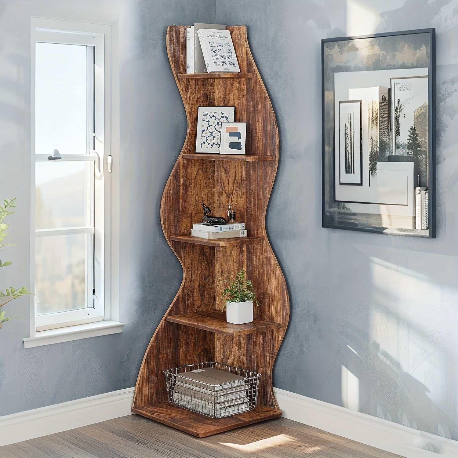 Corner Shelf, Modern 5-Tier Wall Corner Bookshelf, Stylish Corner Small Bookcase Storage Rack Plant Stand with Unique Shape for Living Room, Home Office, Ladder Racks, Storage and Organization