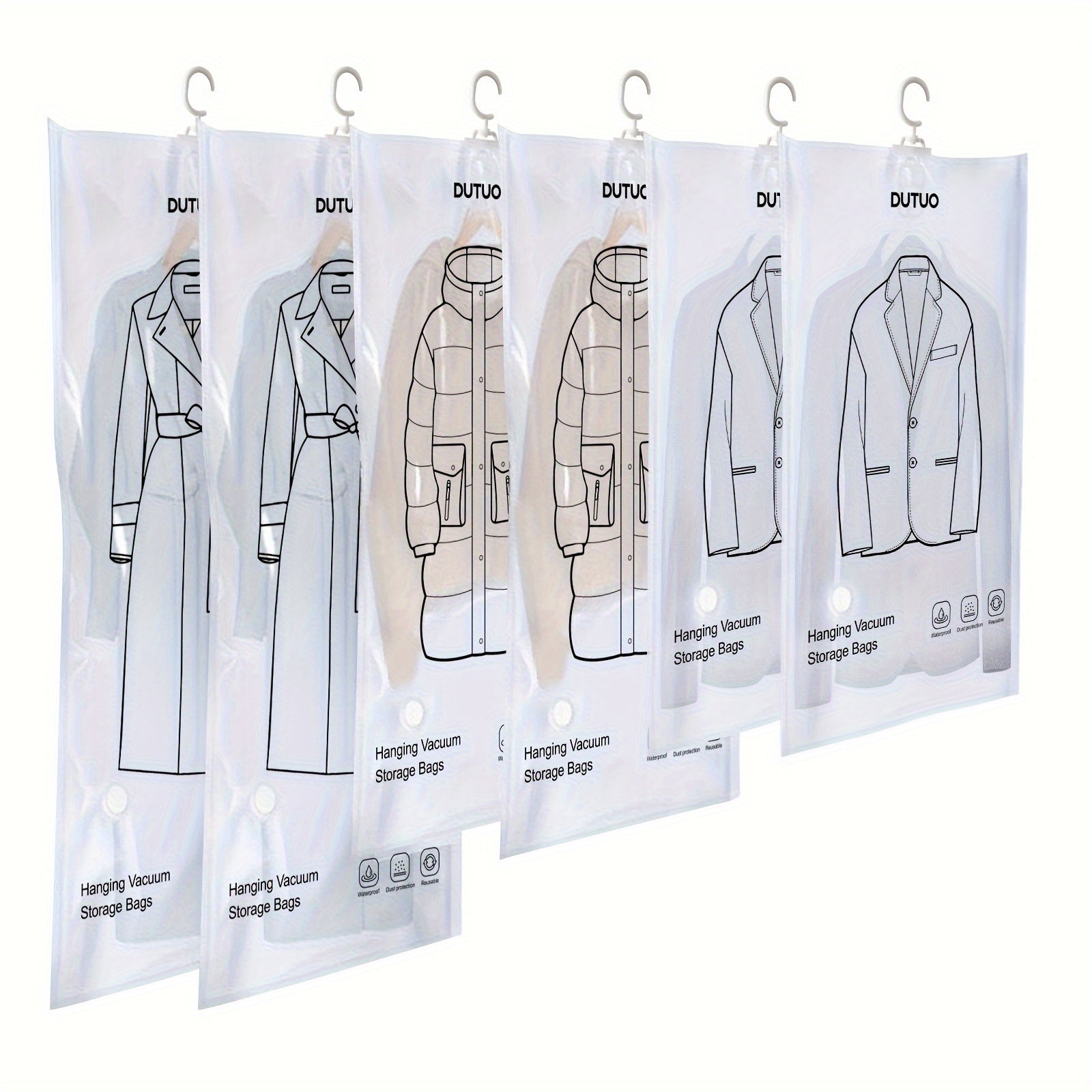 Set of 6 Hanging Vacuum Storage Bags, Designed to Save Closet Space, Extra Durable And Long, Ideal for Storing Suits, Dresses, And More, Comes with a Hook