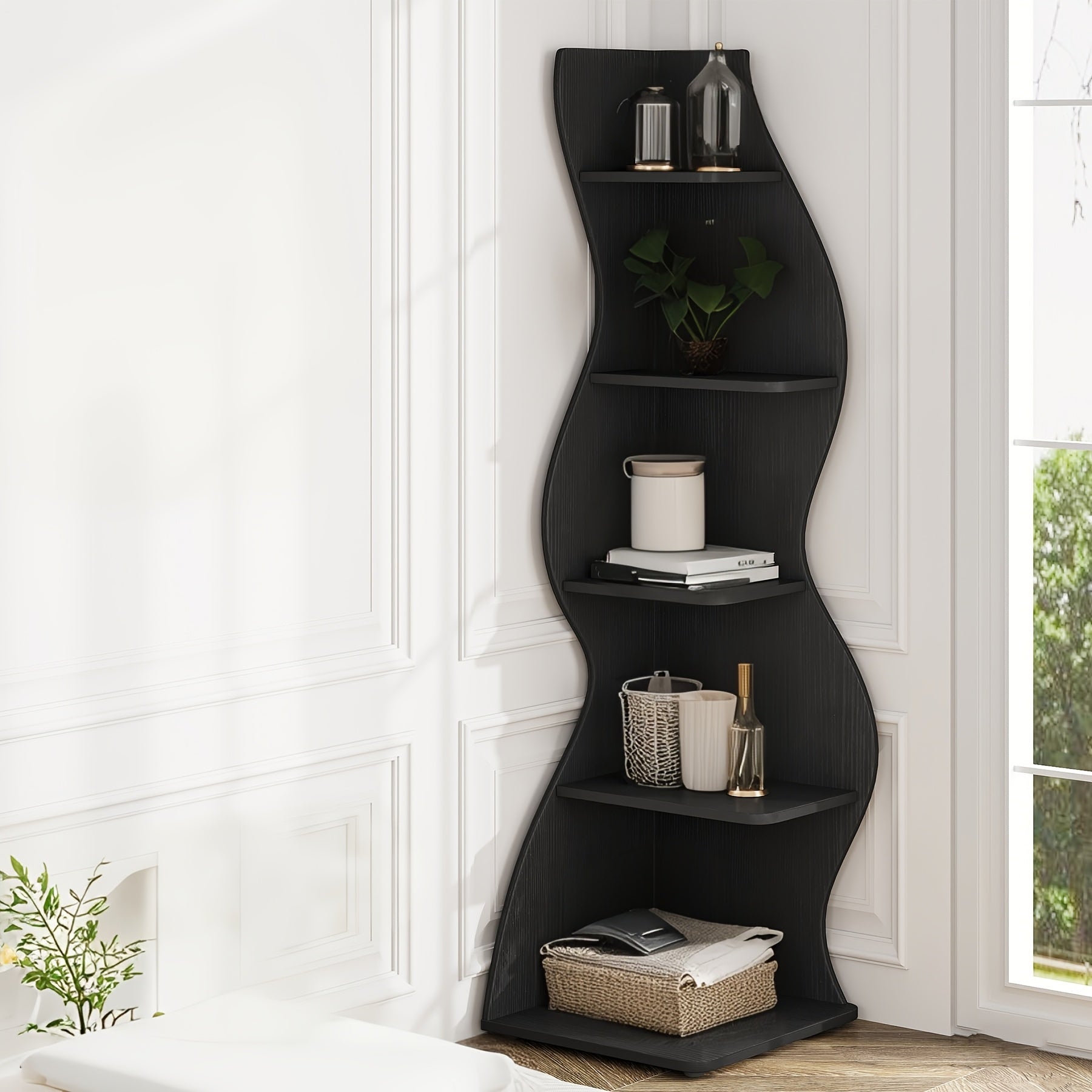 Corner Shelf, Modern 5-Tier Wall Corner Bookshelf, Stylish Corner Small Bookcase Storage Rack Plant Stand with Unique Shape for Living Room, Home Office, Ladder Racks, Storage and Organization