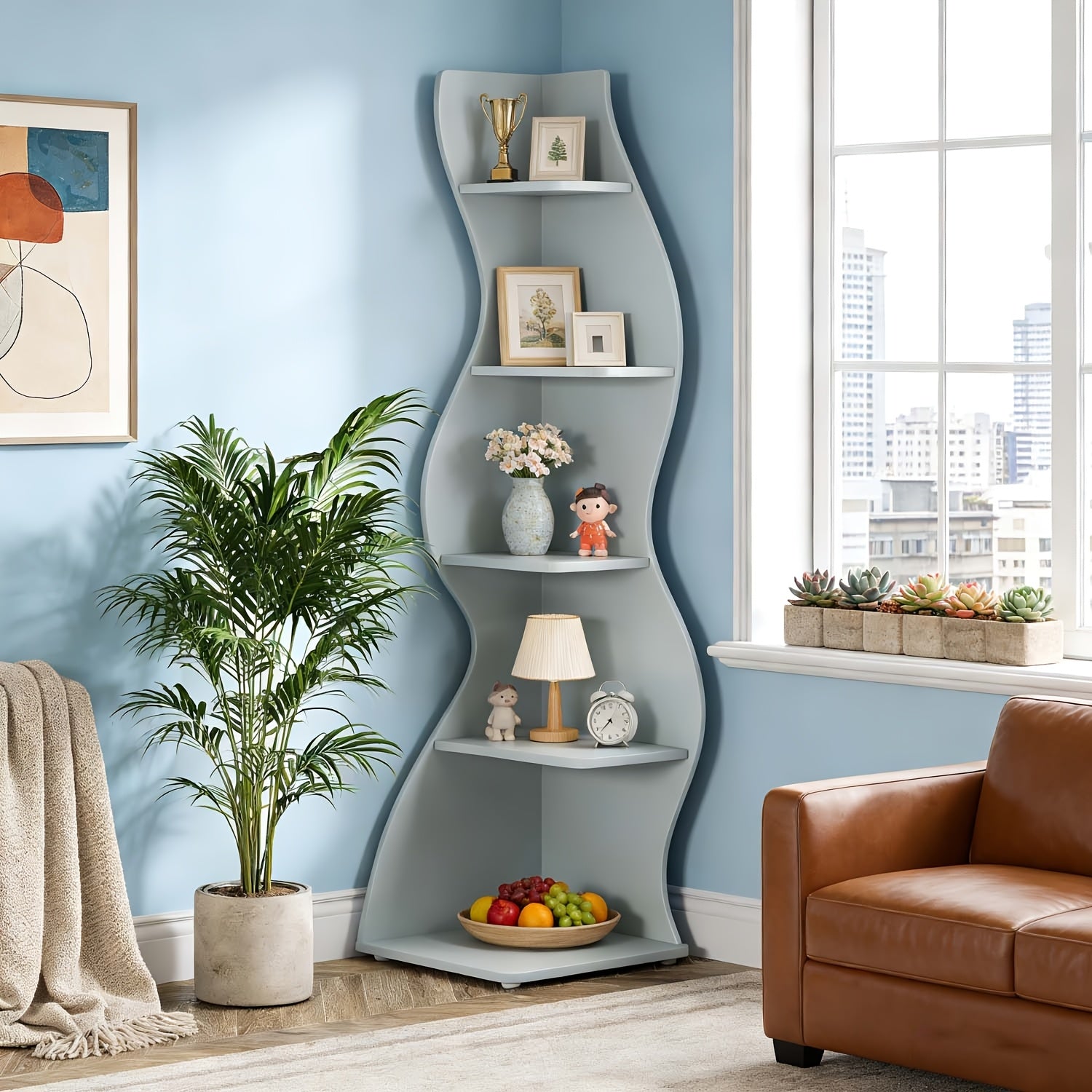 Corner Shelf, Modern 5-Tier Wall Corner Bookshelf, Stylish Corner Small Bookcase Storage Rack Plant Stand with Unique Shape for Living Room, Home Office, Ladder Racks, Storage and Organization