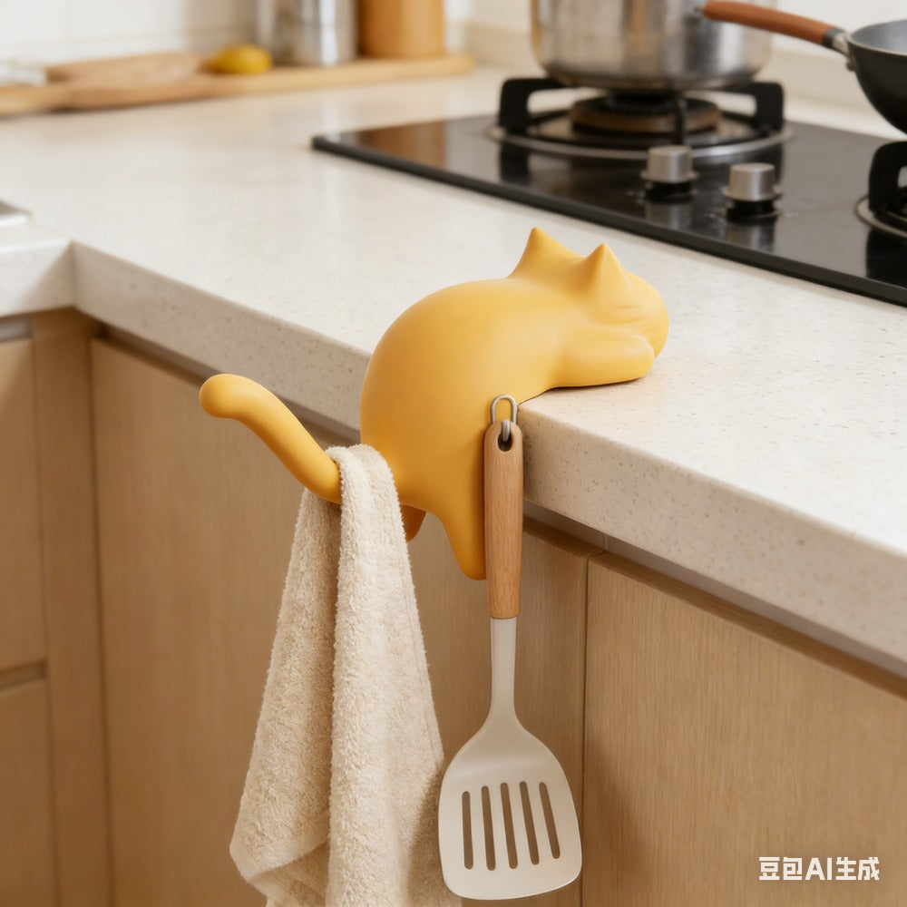 Healing Cute Cat Auxiliary Hooks | No-drill Adhesive Style, Fashion Plastic Storage Hangers for Dorm Kitchen Desktop, Holds Cups\u002FBags\u002FKeychains, Back to School Creative Practical Gift, Utility Hooks