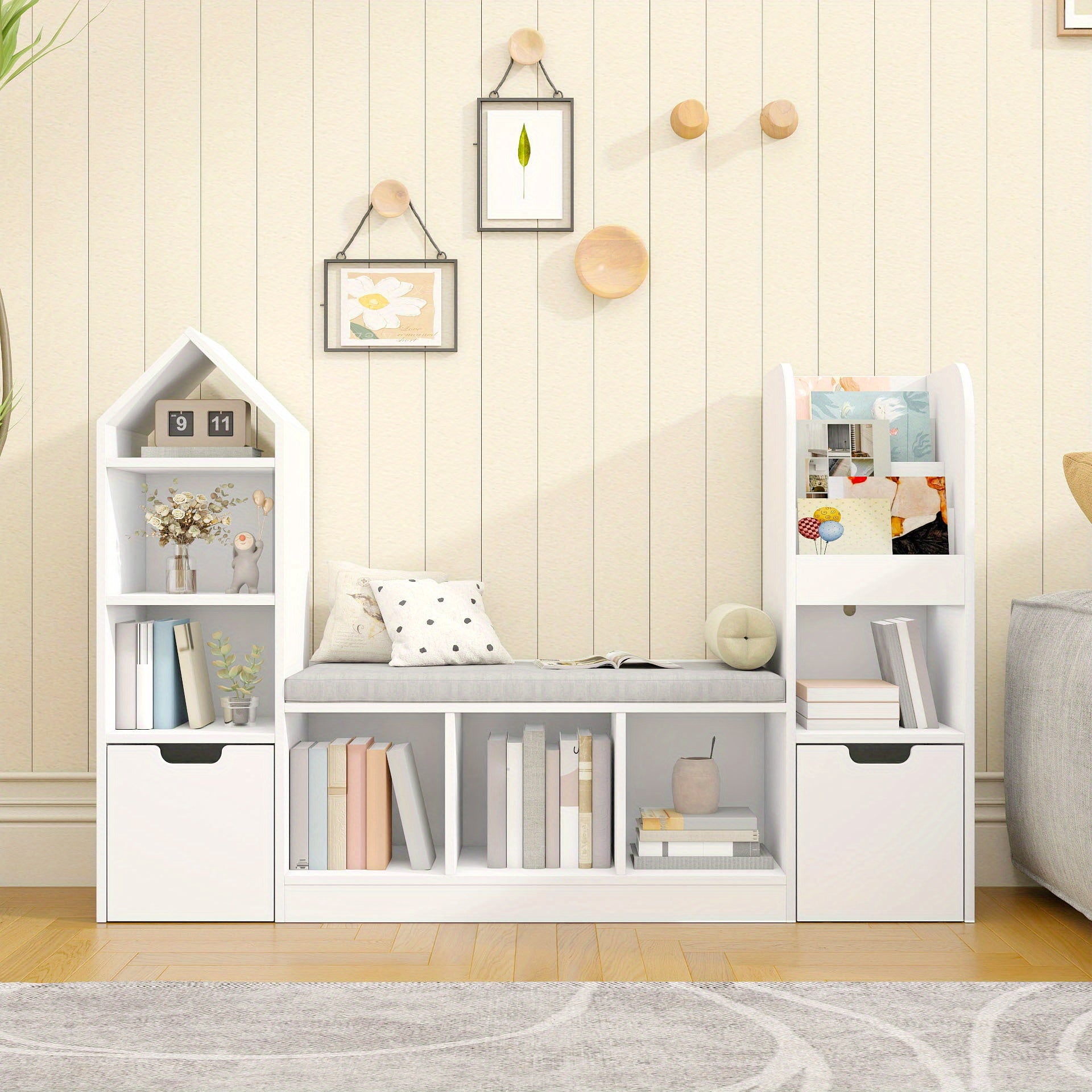 Nordic Style Bookcase with Reading Nook | Space-Saving Storage Cabinet with 7 Cubbies, 2 Movable Drawers & Seat Cushion, Multifunctional Organizer for Living Room, Bedroom, Office, Wood Color, Hardwood Material, VABCHES Brand