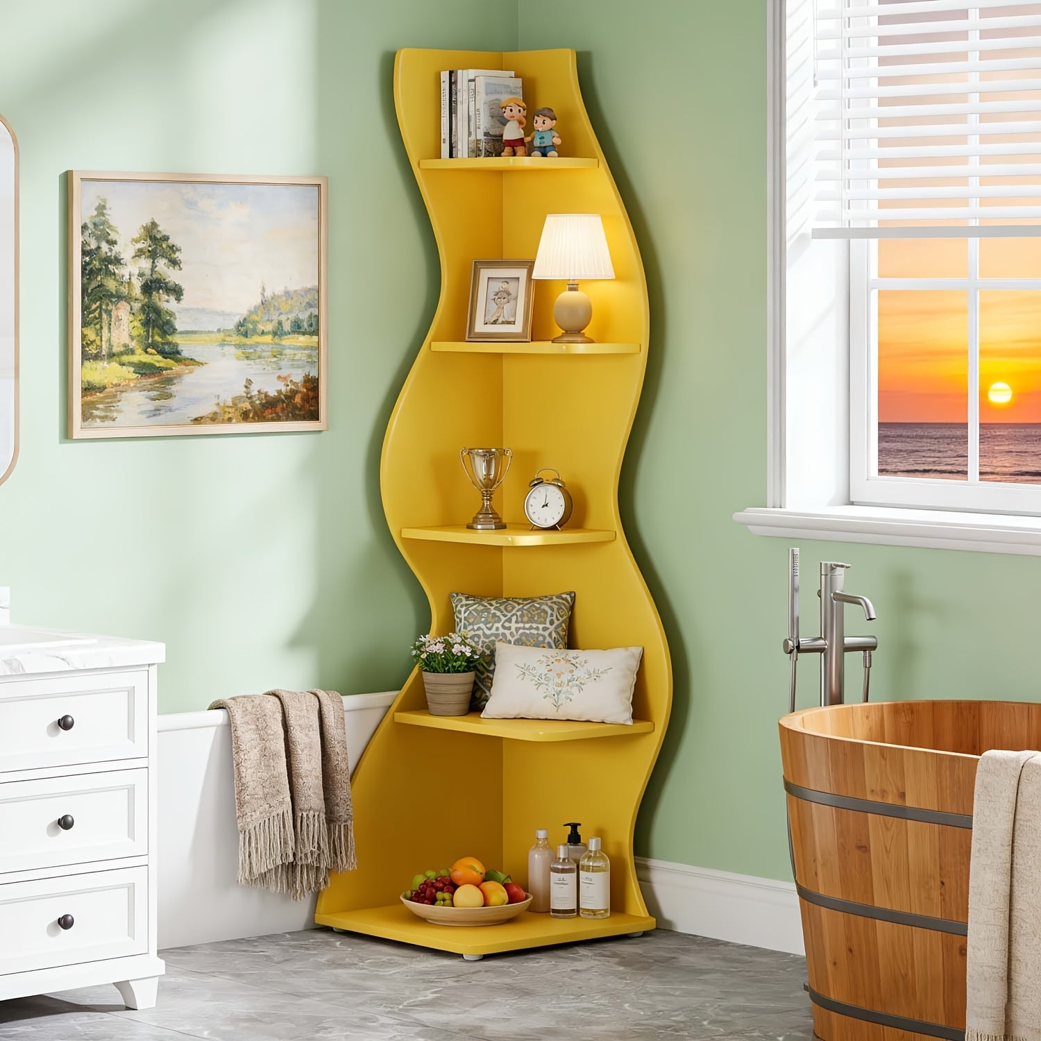 Corner Shelf, Modern 5-Tier Wall Corner Bookshelf, Stylish Corner Small Bookcase Storage Rack Plant Stand with Unique Shape for Living Room, Home Office, Ladder Racks, Storage and Organization