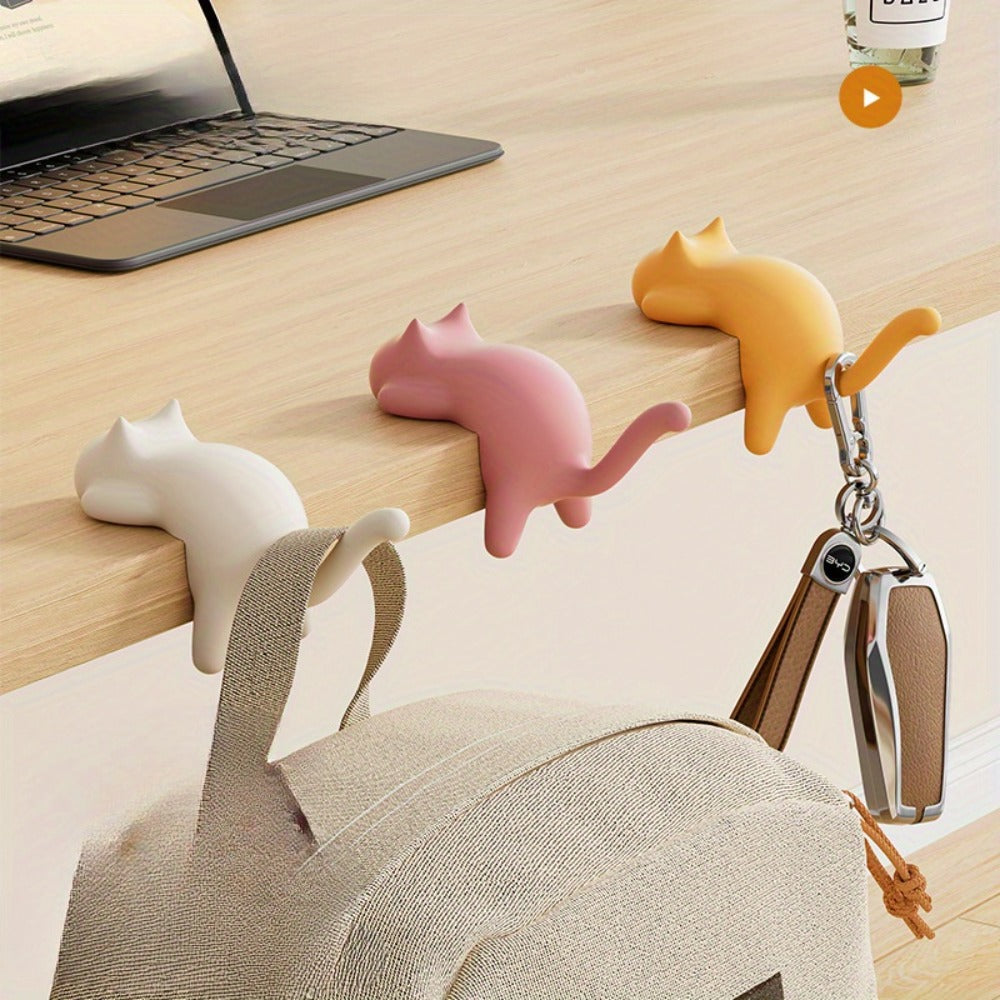 Healing Cute Cat Auxiliary Hooks | No-drill Adhesive Style, Fashion Plastic Storage Hangers for Dorm Kitchen Desktop, Holds Cups\u002FBags\u002FKeychains, Back to School Creative Practical Gift, Utility Hooks