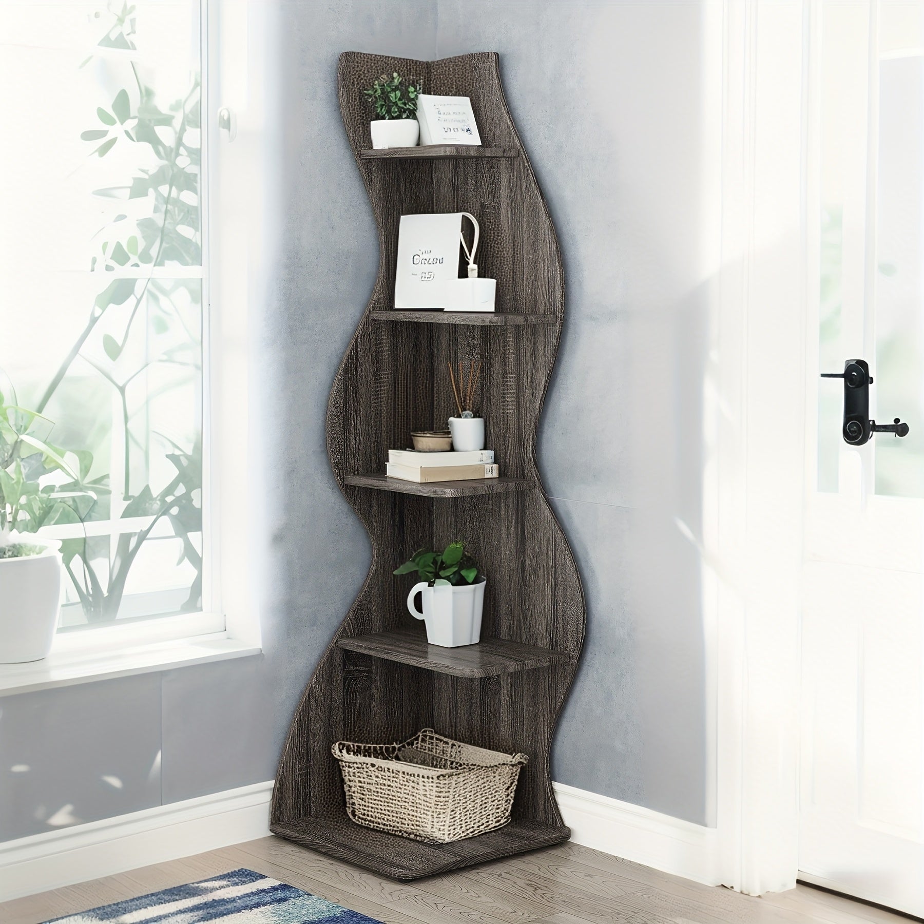 Corner Shelf, Modern 5-Tier Wall Corner Bookshelf, Stylish Corner Small Bookcase Storage Rack Plant Stand with Unique Shape for Living Room, Home Office, Ladder Racks, Storage and Organization