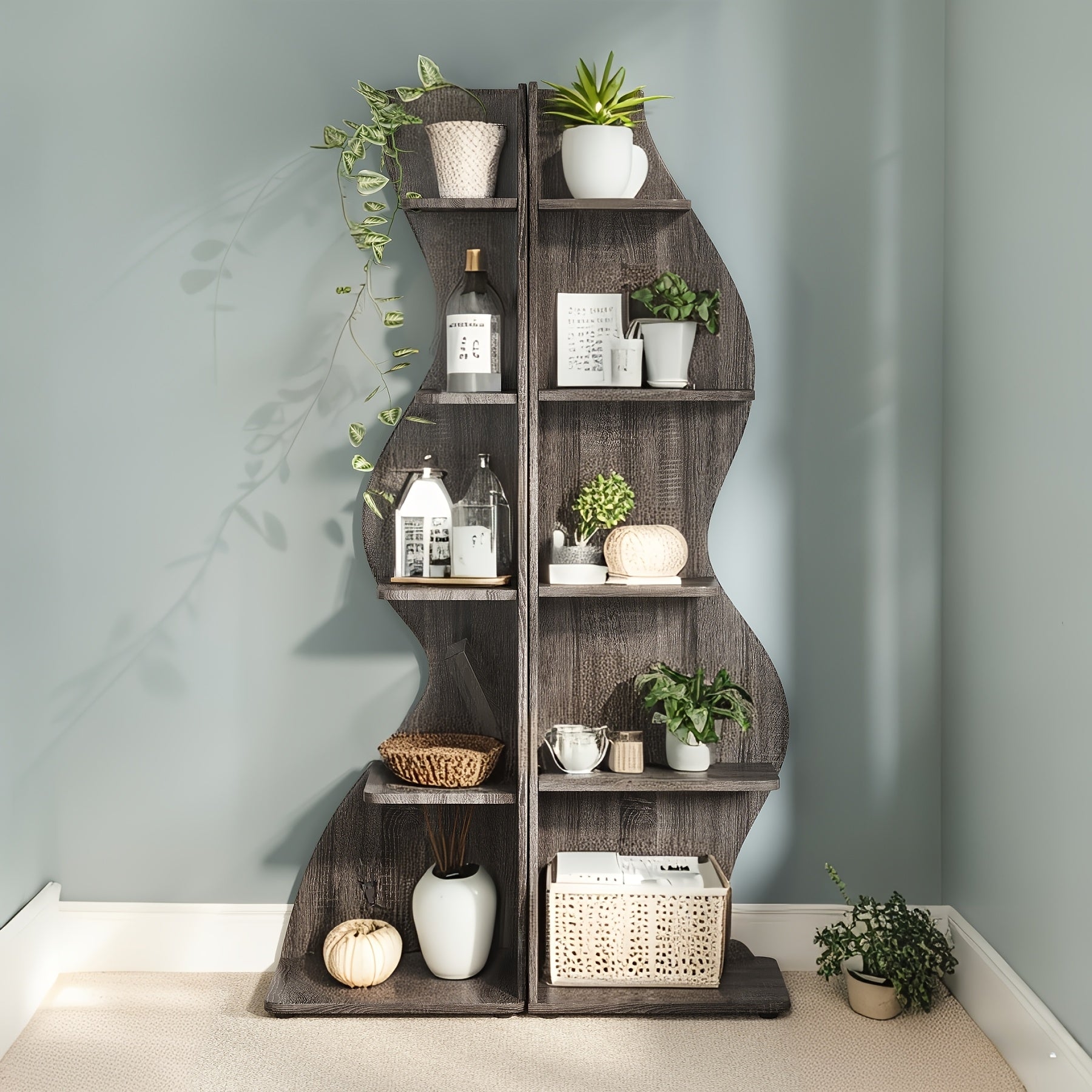 Corner Shelf, Modern 5-Tier Wall Corner Bookshelf, Stylish Corner Small Bookcase Storage Rack Plant Stand with Unique Shape for Living Room, Home Office, Ladder Racks, Storage and Organization