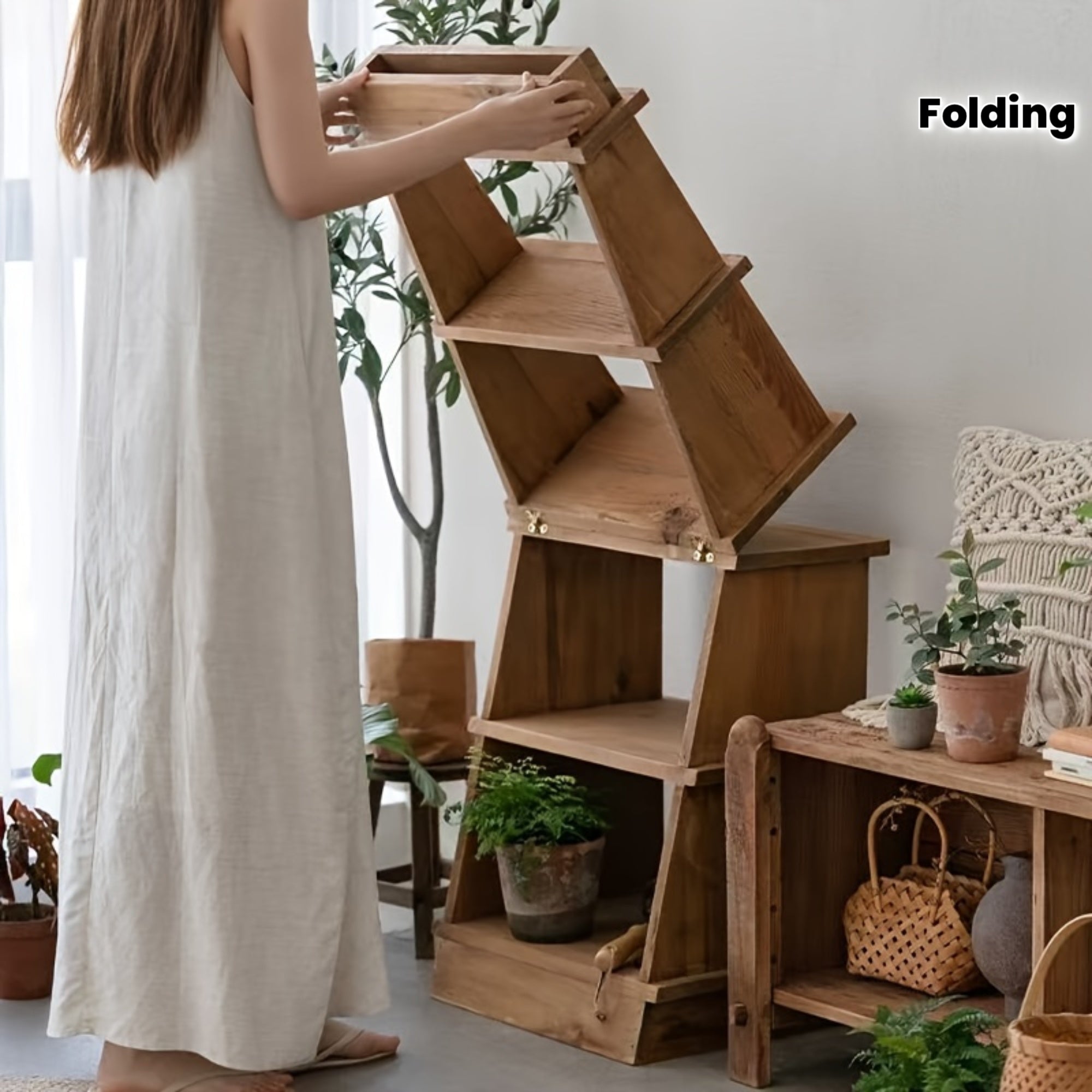 4-Tier Folding Ladder Shelf | Rustic Brown Solid Hardwood Multi-Purpose Storage Rack with 4 Display Shelves, Plant Stand, Bookshelf, and Planter Holder | Ideal for Home Office, Bedroom, Living Room, Balcony