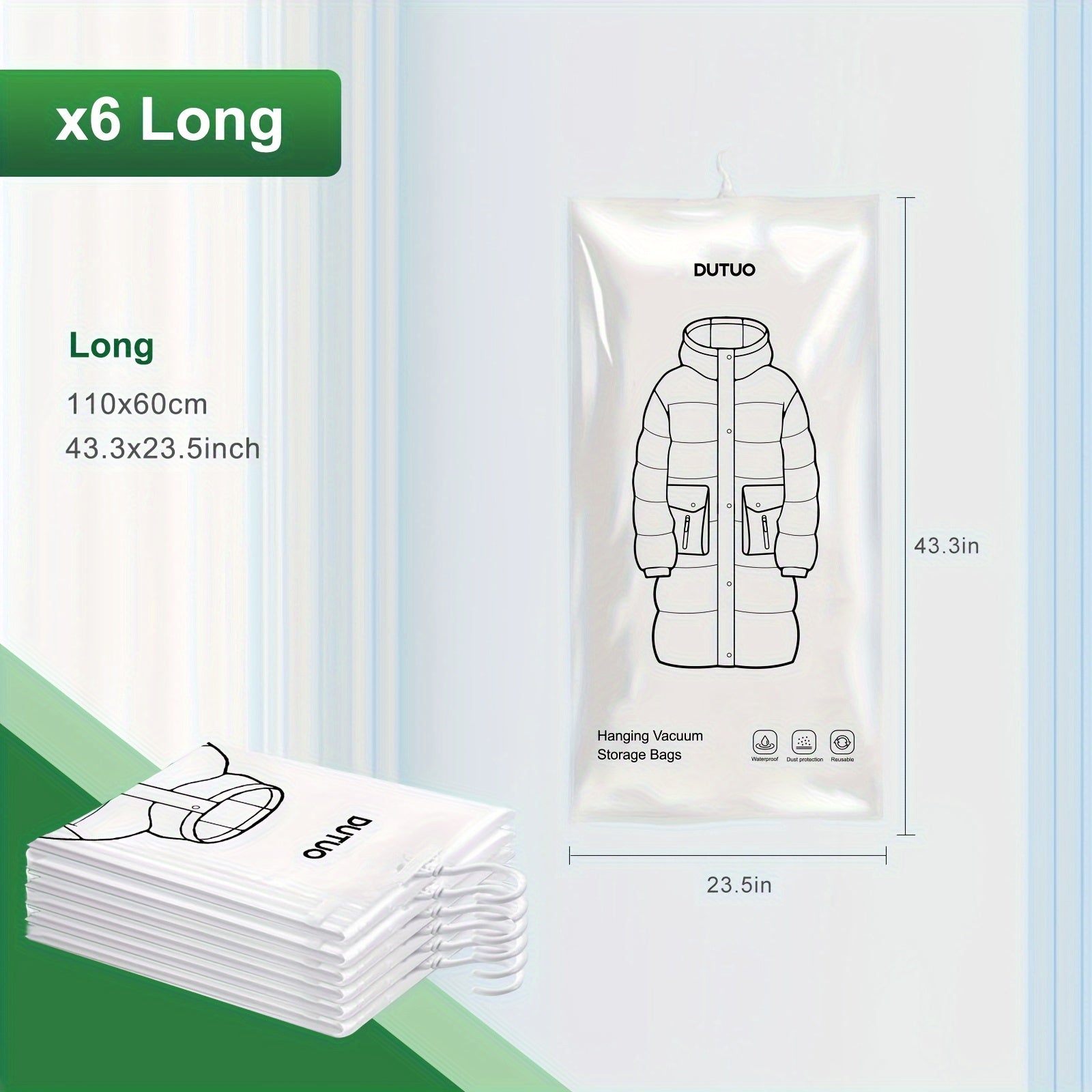 Set of 6 Hanging Vacuum Storage Bags, Designed to Save Closet Space, Extra Durable And Long, Ideal for Storing Suits, Dresses, And More, Comes with a Hook