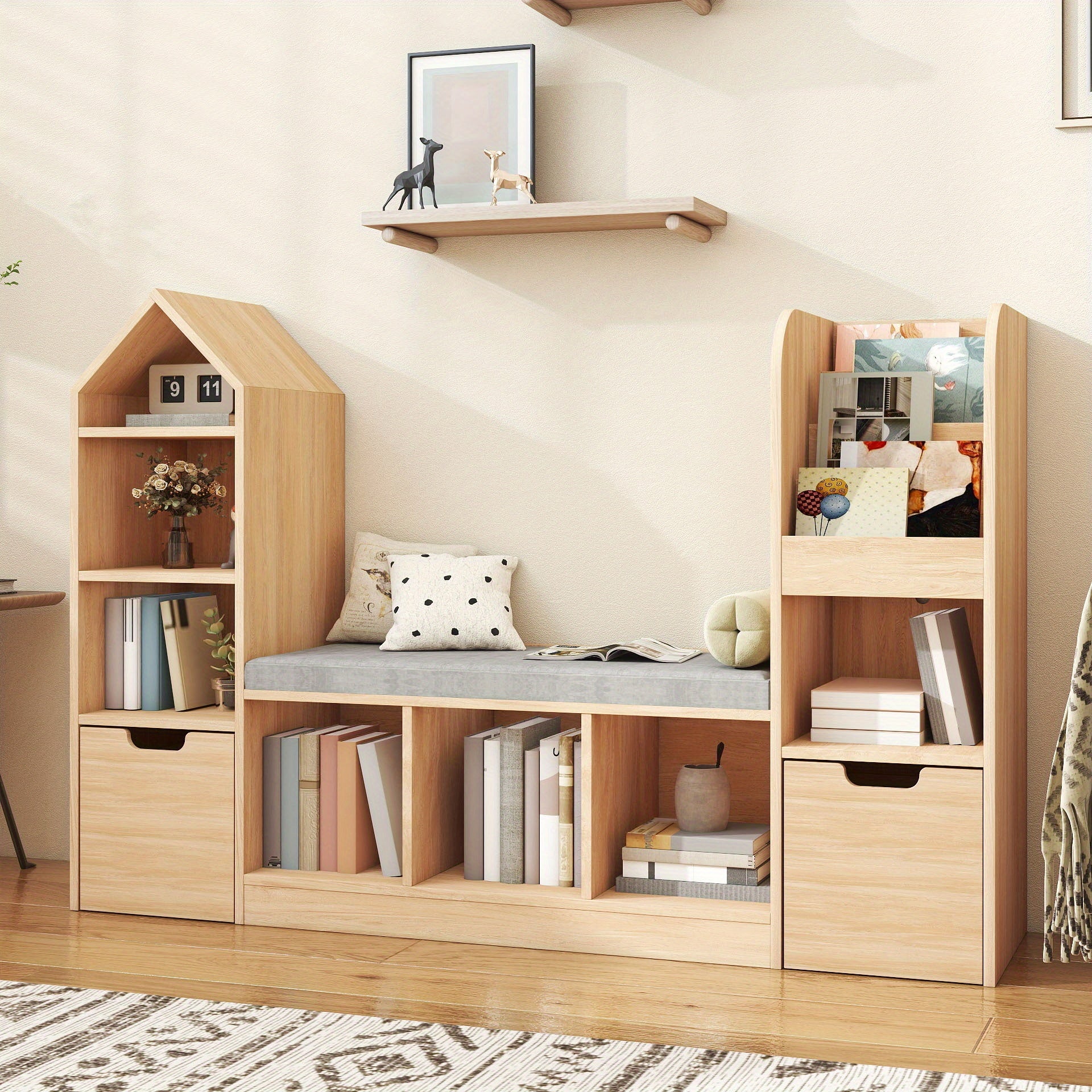 Nordic Style Bookcase with Reading Nook | Space-Saving Storage Cabinet with 7 Cubbies, 2 Movable Drawers & Seat Cushion, Multifunctional Organizer for Living Room, Bedroom, Office, Wood Color, Hardwood Material, VABCHES Brand