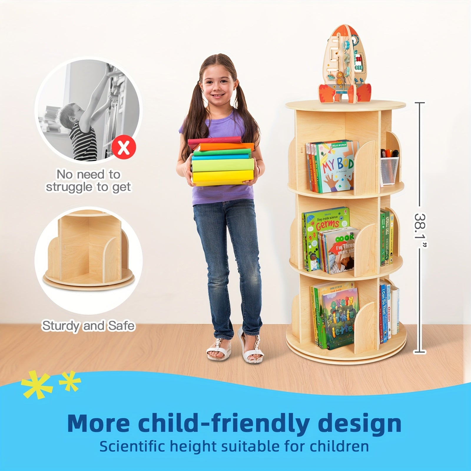 Kids Rotating Bookshelf Tower,  Corner Bookshelf for  Space, 360 Display Floor Standing Bookshelf Storage Rack, Large Chassis Spinning Bookshelf for Kids Room, Nursery