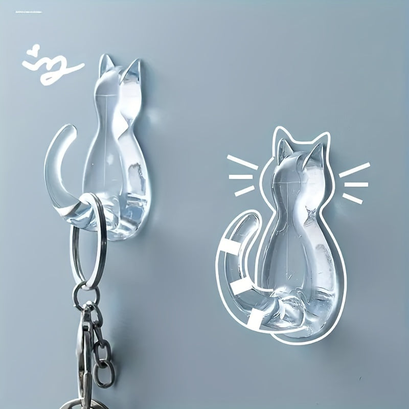 10pcs Cat Tail Sticky Hooks Wall Mounted - Transparent Waterproof No-Drill Adhesive Hooks with Cute Cartoon Cat Design, Space-Saving Organizer for Entryway, Bathroom, Bedroom, Dorm