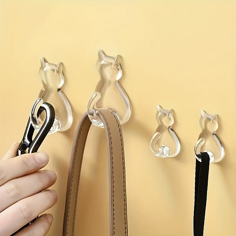 10pcs Cat Tail Sticky Hooks Wall Mounted - Transparent Waterproof No-Drill Adhesive Hooks with Cute Cartoon Cat Design, Space-Saving Organizer for Entryway, Bathroom, Bedroom, Dorm